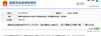 国家药监局综合司关于公开征求《医疗器械分类规则（修订草案征求意见稿）》意见的函